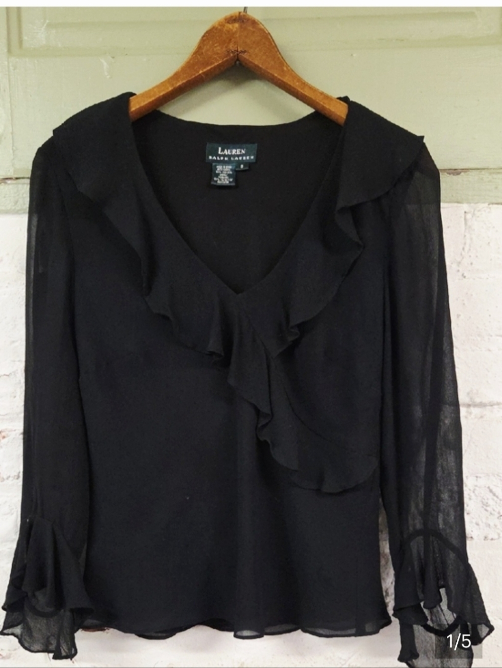 Lauren Ralph Lauren Black Ruffle V-Neck Blouse Small 100% Silk